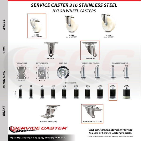 Service Caster 3 Inch 316SS Nylon Swivel 1-3/4 Inch Expanding Stem Caster Lock Brake SCC, 2PK SCC-SS316TTLEX20S314-NYS-2-S-2-134 - main